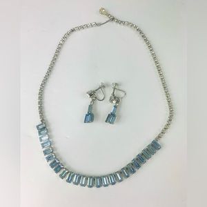 Vintage MCM Retro Light Blue Baguette and Clear Rhinestone Necklace and Earrings